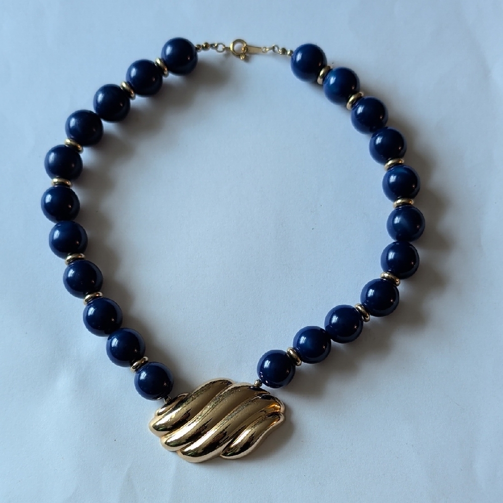Avon Navy and Gold Beaded Necklace